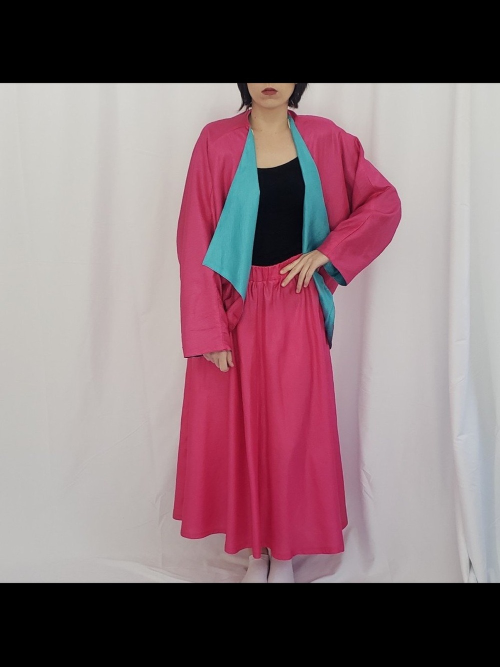 Vintage Hot Pink A-Line Maxi Skirt and Jacket Set with Teal Accent